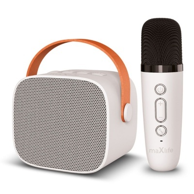 Coluna portátil branca com alça de couro castanha e microfone branco maXlife