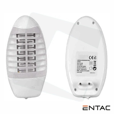 Dispositivo elétrico branco ovalado com grelha e etiquetas no verso