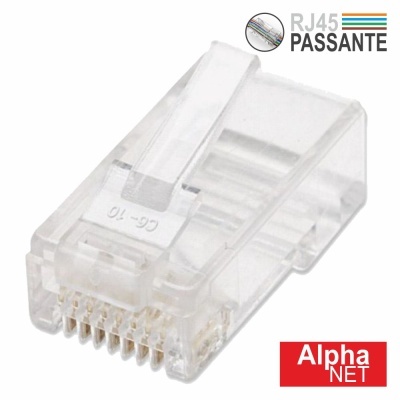 Conector RJ45 passante transparente com contactos metálicos e botão de fixação