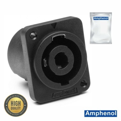 Conector Amphenol preto quadrado e embalagem.