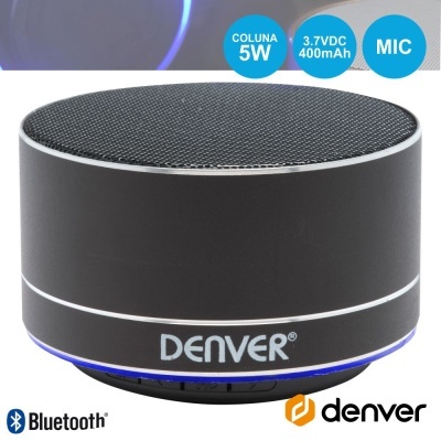 Coluna portátil preta DENVER com texto técnico e logos Bluetooth e denver