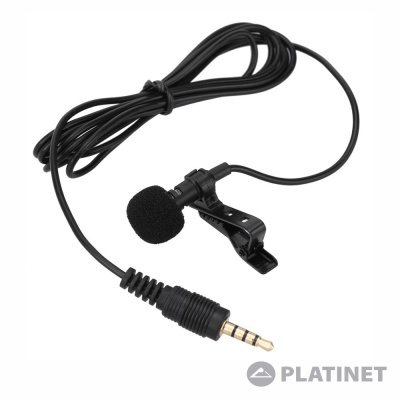 Microfone de lapela preto com cabo e ficha jack 3,5 mm