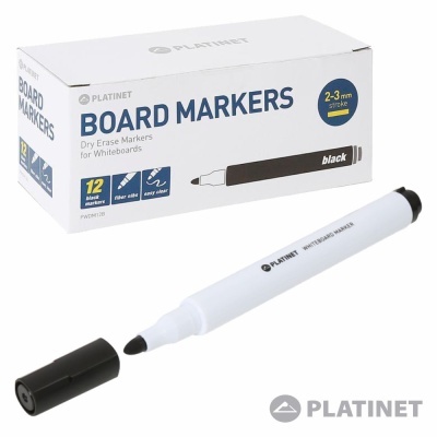 Marcadores de quadro branco Platinet com caixa branca e marcador preto aberto