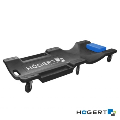 prancha preta de plástico para mecanico com rodas e almofada azul