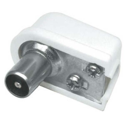 Conector coaxial para antena de TV com corpo em metal e plástico branco