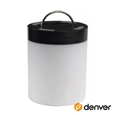 Recipiente cilíndrico branco com tampa preta e pega metálica