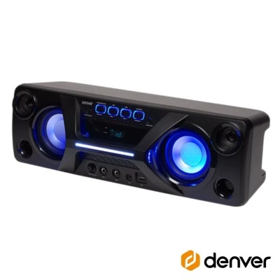Coluna de som preta da marca Denver com altifalantes iluminados a azul