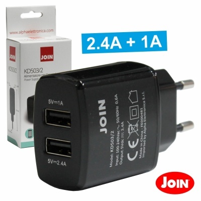 Carregador USB preto JOIN com duas portas e embalagem branca e vermelha