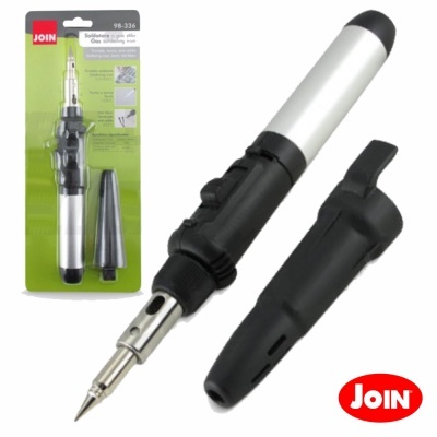 Ferro de soldar elétrico cinza e preto com embalagem verde e logótipo JOIN