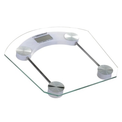 Balança digital transparente de vidro com visor digital e suportes prateados