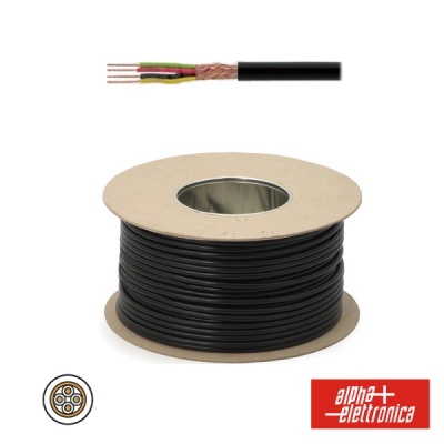 Carretel de cabo elétrico preto com fio interno colorido e logo alpha elettronica