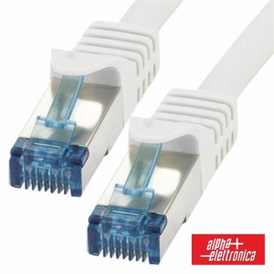 Cabo de rede Ethernet branco com conectores RJ45 e logótipo alpha elettronica