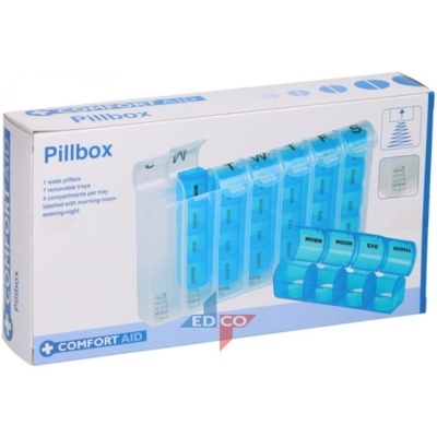 Caixa de comprimidos azul com compartimentos diários, embalagem Pillbox