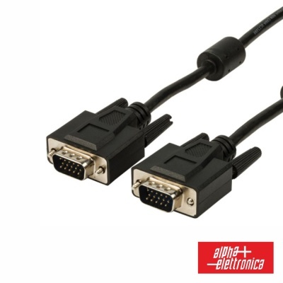 Cabo VGA preto com conectores de 15 pinos e logótipo alpha elettronica