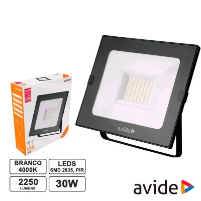 Refletor LED Avide preto com luz branca e caixa embalada