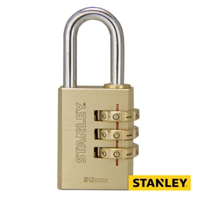 Fechadura combinação STANLEY em metal dourado com três rodas numeradas e alça prateada