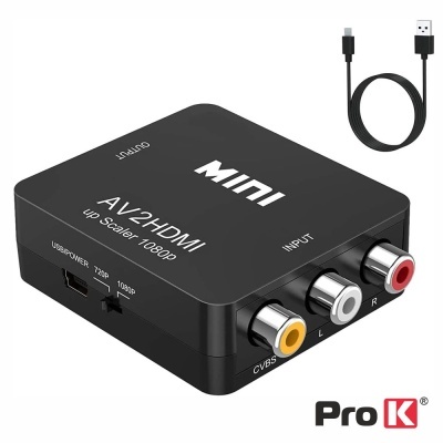 Conversor ProK Mini AV2HDMI preto com entradas CVBS, L, R e saída HDMI, com cabo USB