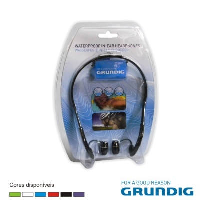 Auriculares impermeáveis Grundig em embalagem transparente azul e branco com imagens de ciclismo