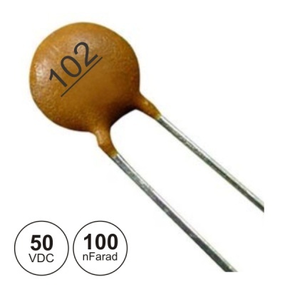 Condensador cerâmico castanho claro com código 102 e dois terminais metálicos