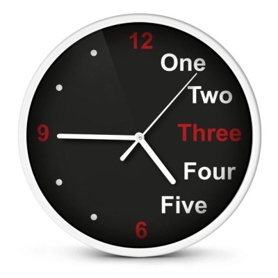 Relógio de parede preto com números em inglês e moldura branca