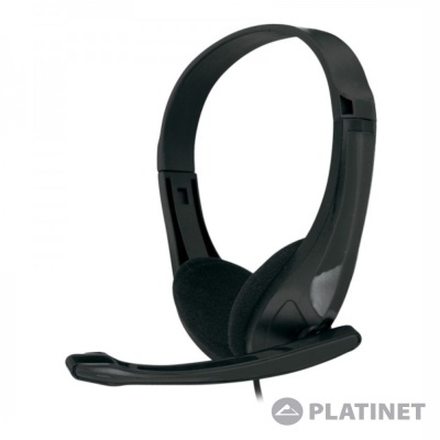 Auricular preto com microfone e almofadas em tecido