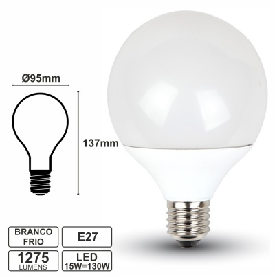Lâmpada LED branca fria com encaixe E27, 95mm x 137mm, 15W (equiv. 130W)