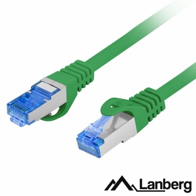 Cabo de rede Lanberg verde com conectores RJ45 azuis.