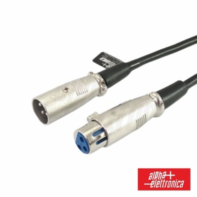 Cabo com conetor XLR macho e fêmea em fundo branco com logótipo alpha elettronica