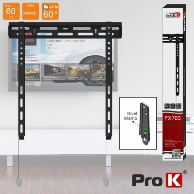 Suporte de parede para TV preto Pro K FX703 com etiquetas e imagens de instalação.