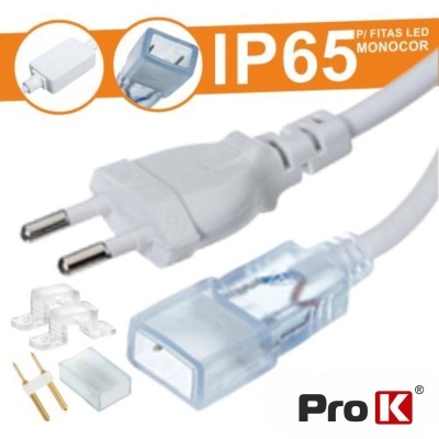Cabo elétrico branco com ficha de tomada tipo europeu, conector transparente e acessórios, com texto IP65 e logo Pro K