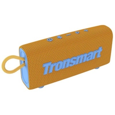 Coluna de som portátil Tronsmart em tecido amarelo com botões azuis e alça de transporte.