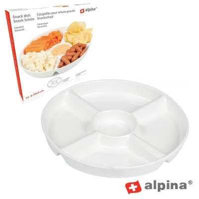 Prato branco de cerâmica da Alpina com cinco compartimentos e embalagem marca Alpina.