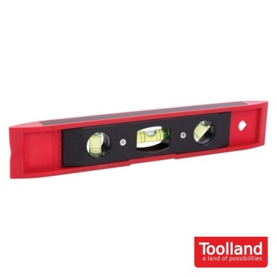 Nível de bolha de plástico vermelho com três janelas e logótipo Toolland