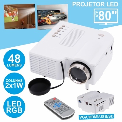 Projetor LED branco com controle remoto e texto promocional azul