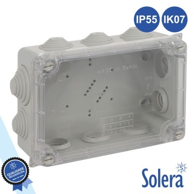 Caixa de derivação elétrica cinzenta com tampa transparente e entalhes para cabos