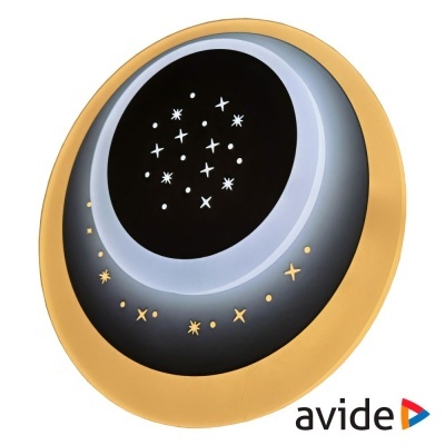 Lâmpada de teto redonda dourada com padrão de estrelas e logótipo avide