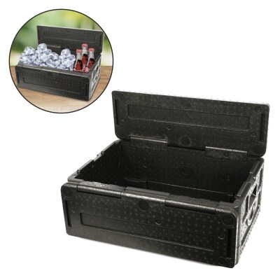 Caixa isolante preta com tampa aberta e inserção com gelo e garrafas