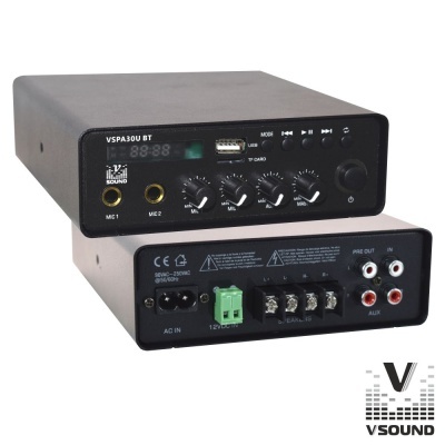 Amplificador VSOUND preto com botões, visor digital, entradas USB, microfone, controlos de som e conexões traseiras diversas