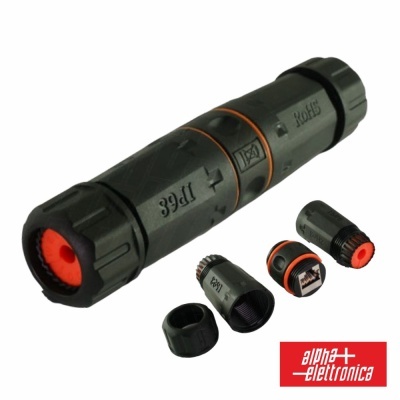 Conetor impermeável preto com anéis laranja e texto 'Ip68' 'AO15' na embalagem.