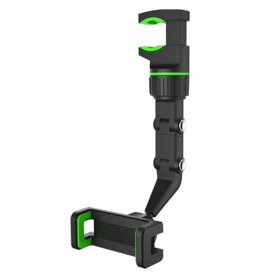 Suporte de telemóvel ajustável preto e verde com abraçadeiras para fixação.