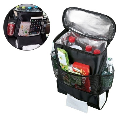 Mochila térmica preta com vários compartimentos e interior isolante