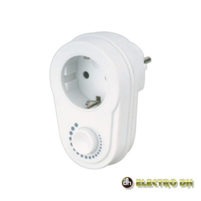 Tomada elétrica branca com botão rotativo e marcação azul