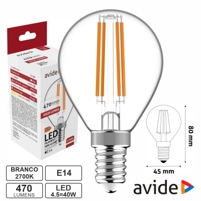 Lâmpada LED E14 Globo Filamento 4.5W 230V 2700K 470lm AVIDE