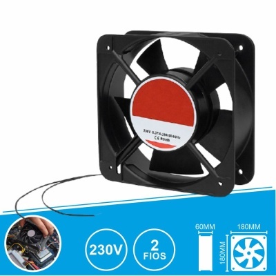 Ventoinha axial preta com etiqueta e dimensões