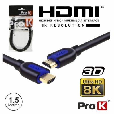 Cabo HDMI preto com conectores azuis da marca Pro K, 8K, 1.5 Metros