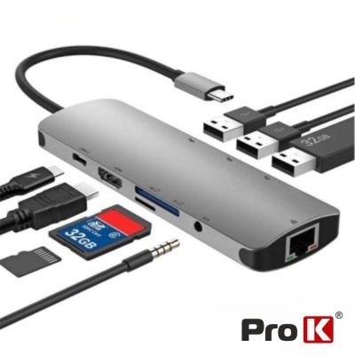 Hub USB tipo C cinza com várias portas e acessórios