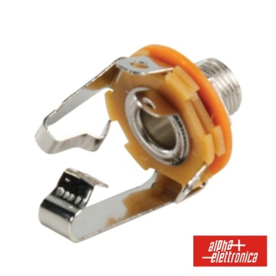 Conector jack de áudio com plástico laranja e metal prateado, logótipo alpha elettronica