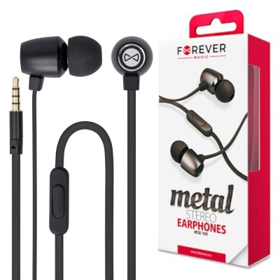 Auriculares intra-auriculares negros com cabo e embalagem branca e vermelha da marca Forever Music.
