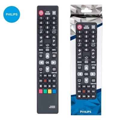 Comando remoto Philips preto com botões na embalagem azul