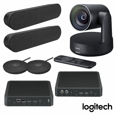 Equipamento Logitech com colunas, câmara, microfones, comando e unidades base pretas